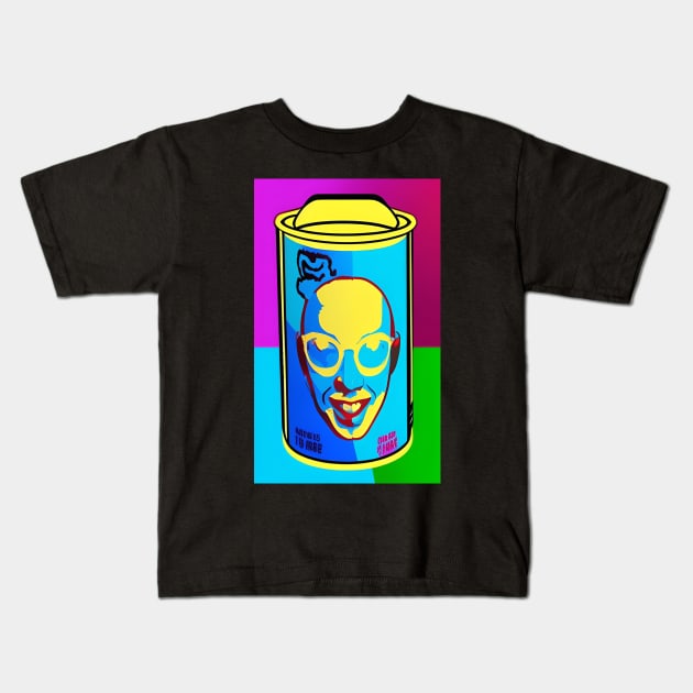 a can with a picture of a man&#39;s face on it, inspired by Andy Warhol, behance contest winner, pop art Kids T-Shirt by Psychedeers